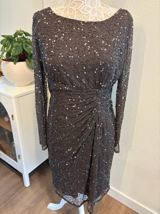 Patra Dresses & Skirts - Elegant Long-Sleeve Cocktail Dress Brown Beaded and Sequin Embellished- size 12